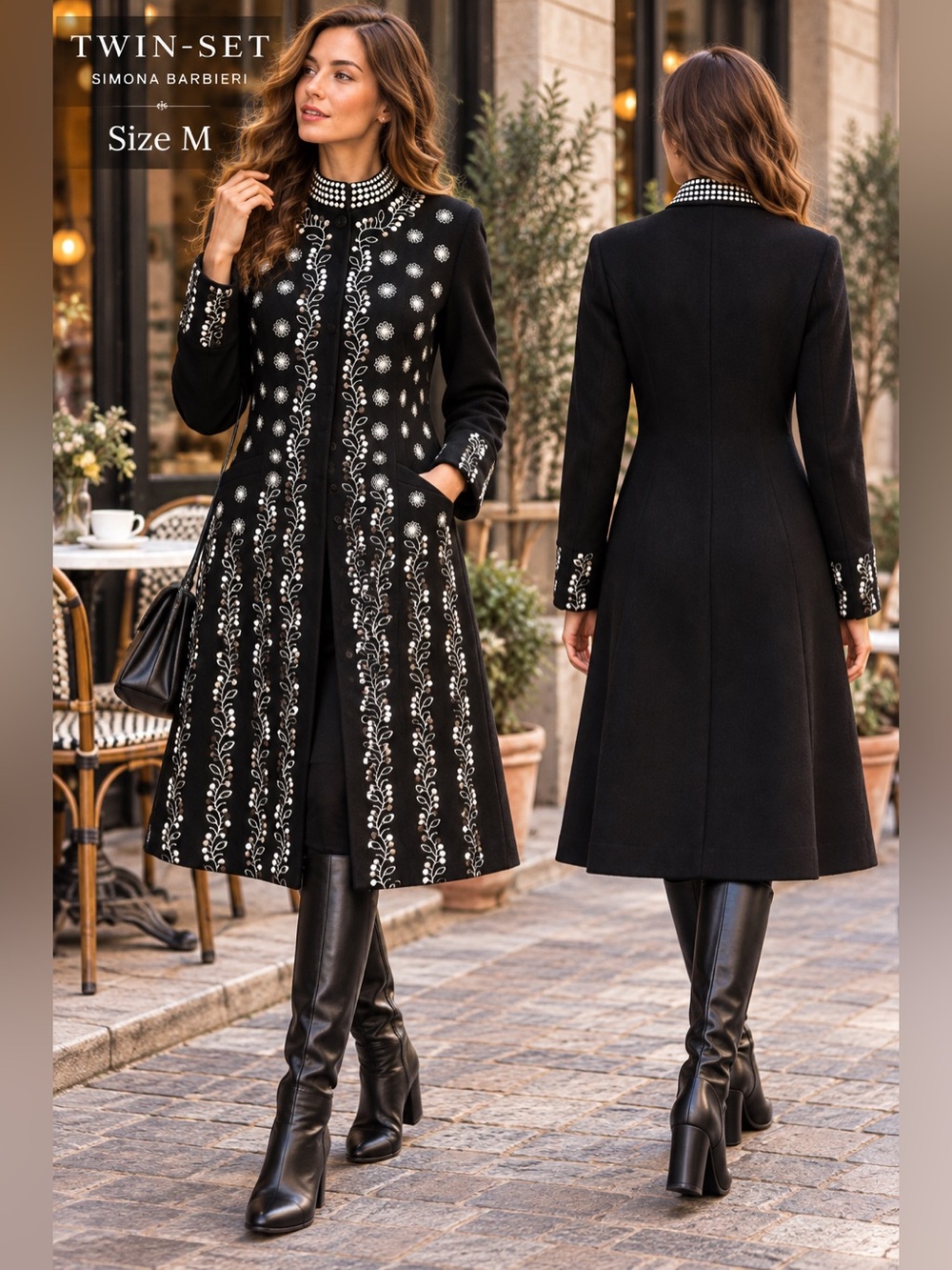 Twinset Simona Barbieri Womens M 100% Wool Floral Embroidered Gothic Coat black